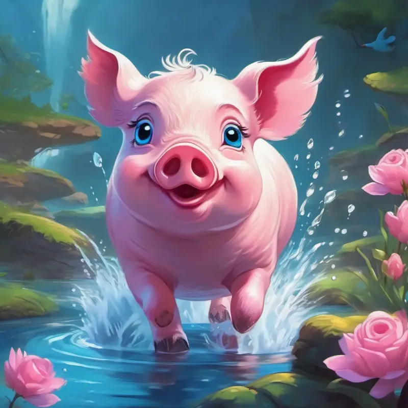 A small pink pig with a curly tail, bright blue eyes trying the owl's advice when the duck splashes water on him.