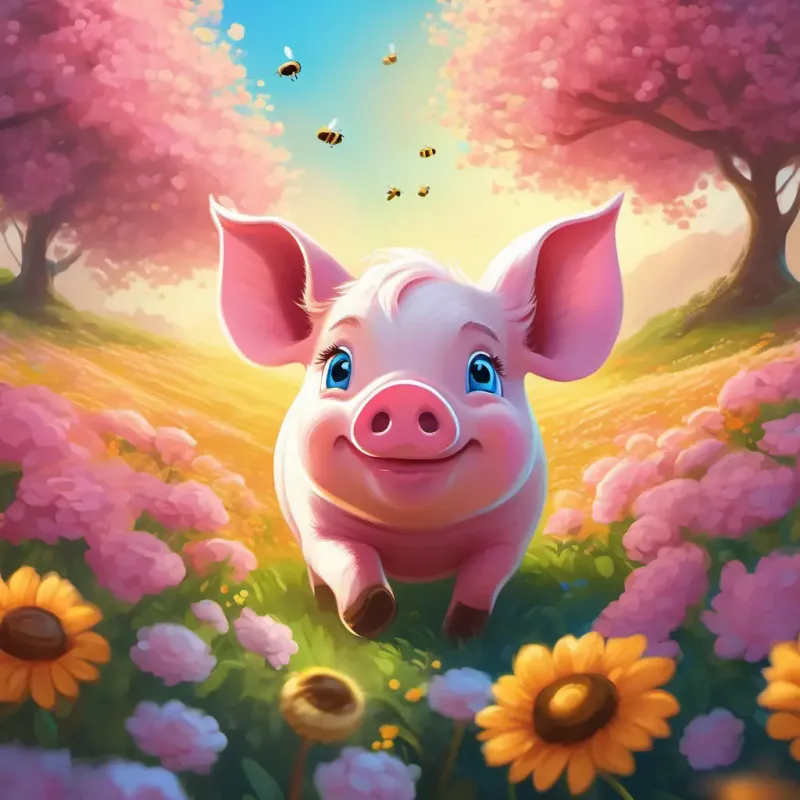 A small pink pig with a curly tail, bright blue eyes noticing the pretty flowers, buzzing bees, and cozy sunshine.