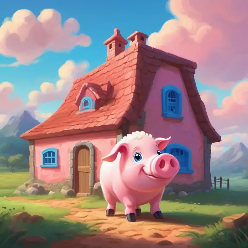 A small pink pig with a curly tail, bright blue eyes encountering a problem with building a house, asking the helpful sheep for assistance.