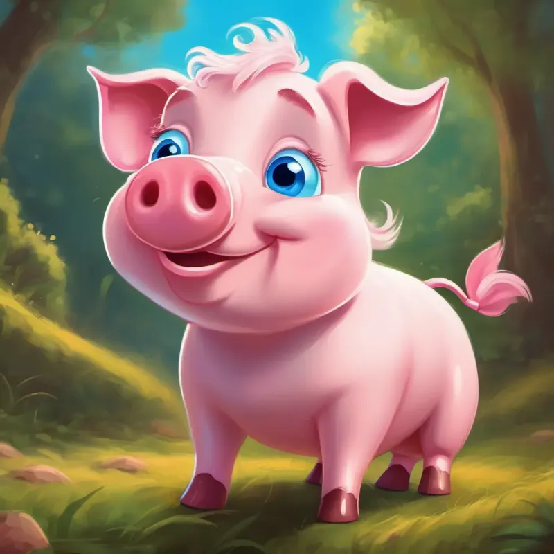 A small pink pig with a curly tail, bright blue eyes feeling proud for learning to manage his emotions.