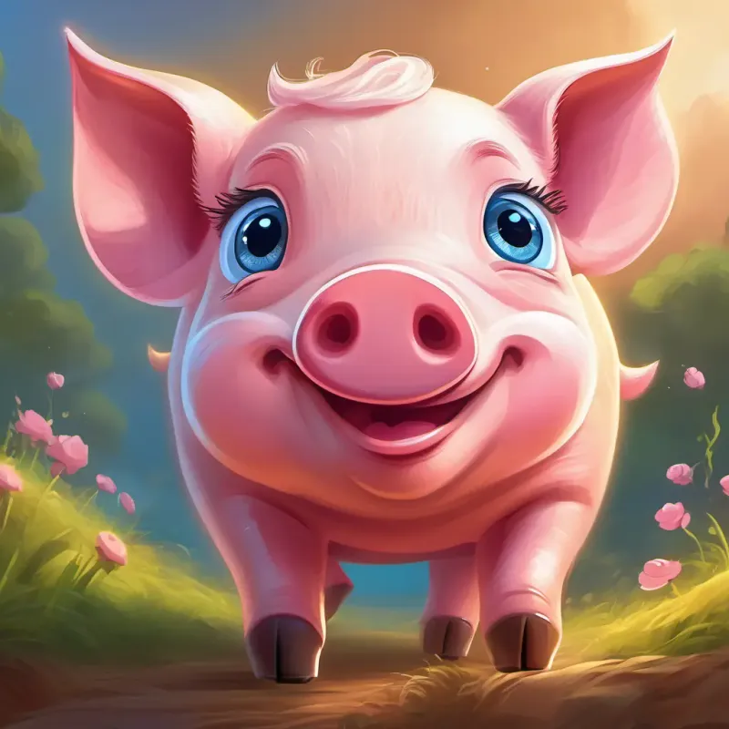 A small pink pig with a curly tail, bright blue eyes greeting every day with a smile, becoming the happiest pig in the farm.