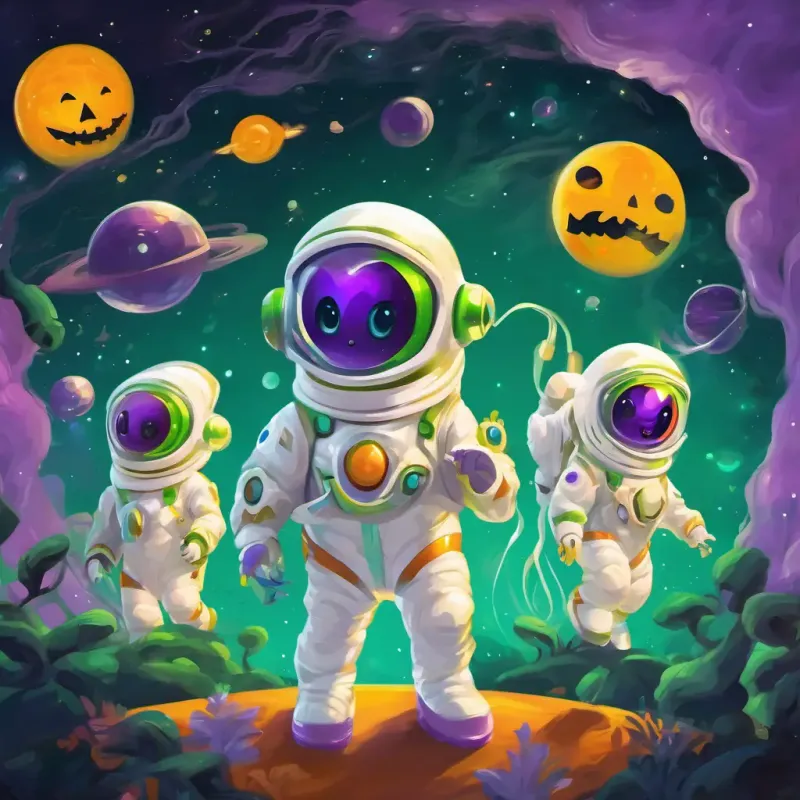 green with yellow spots, big round eyes and the white space suits, waving with smiles flew through space filled with purple and orange alien creatures.