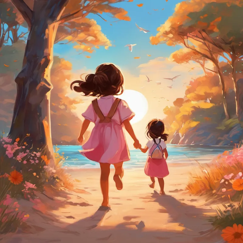 One summer morning, as the sun painted the sky in magnificent shades of pink and orange, Bilge decided to have an adventure beyond the pages of her books. She woke up her little sister, Gokce, who was two years old, and together they embarked on their very own voyage. Hand in hand, Bilge and Gokce walked along the sandy beach, feeling the warm, golden sand tickle their toes. They heard seagulls singing happily as they flew across the crystal-clear blue sky. Bilge picked up beautiful seashells and showed them to Gokce, who giggled with delight.