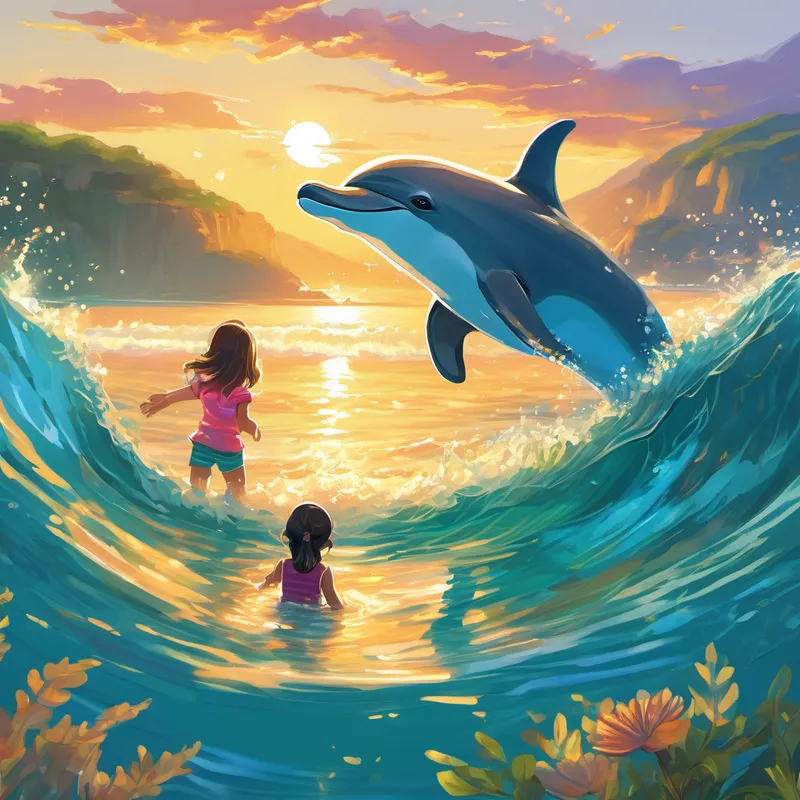 As they continued their walk, the gentle murmur of the sea guided them to a hidden cove shimmering in the sunlight. The water sparkled like diamonds, and the soft waves invited them to dip their toes. Bilge helped Gokce build sandcastles while they laughed and splashed in the playful waves. Just as they were about to leave, a friendly dolphin named Kira appeared from beneath the waves. Kira had been watching Bilge and Gokce play and wanted to join in the fun! She swam gracefully in circles, splashing water, and making both girls giggle with joy.