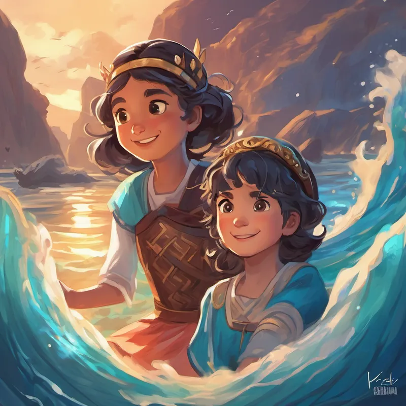 Bilge, being a girl who loved adventure, had an idea. She took a deep breath and jumped onto Kira's back. Gokce giggled and clapped her hands, encouraging her big sister to go even further. With a gentle nudge, Kira carried Bilge and Gokce on a magical ride through the sparkling sea. As they glided through the waves, Kira shared stories of the ancient Greek gods and goddesses. She told them about the mighty Poseidon, the god of the sea, and Athena, the goddess of wisdom. Bilge's eyes sparkled with wonder as these captivating tales unfolded.