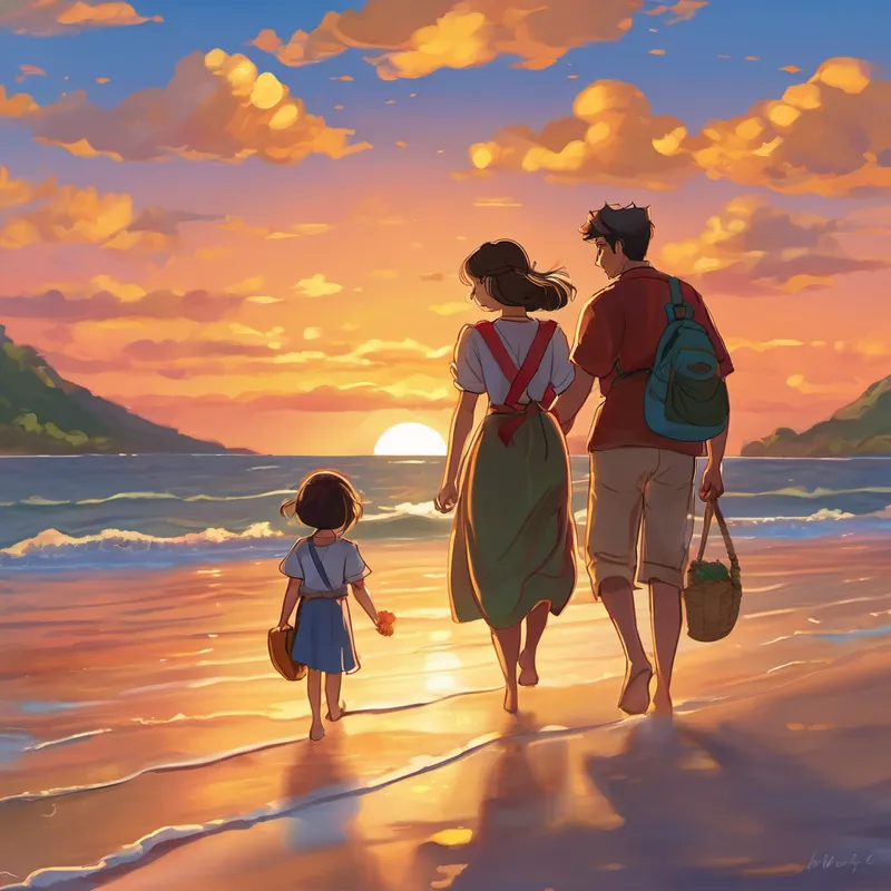 Just as the sun began to set, casting a warm glow over the horizon, Kira gently returned Bilge and Gokce to the shore. They hugged Kira tightly, promising to meet again and thanking her for the incredible adventure. With sandy toes and hearts filled with happiness, Bilge and Gokce headed back home. As they walked hand in hand, they couldn't help but feel grateful for the beautiful day they had spent together and all the stories that awaited them in their beloved books.