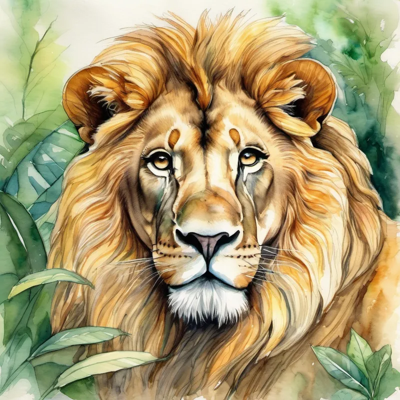 Friendly lion with a golden mane and kind eyes the lion standing in a lush green jungle