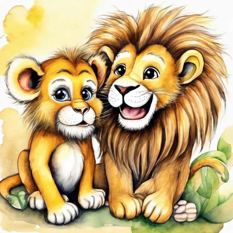Friendly lion with a golden mane and kind eyes the lion and Cheeky monkey with a mischievous grin and long tail the monkey playing together