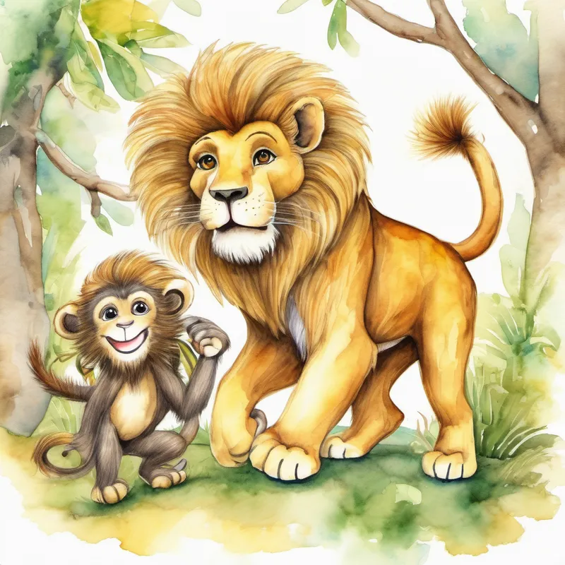 Friendly lion with a golden mane and kind eyes the lion and Cheeky monkey with a mischievous grin and long tail the monkey playing tag