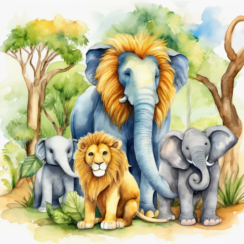 Friendly lion with a golden mane and kind eyes the lion, Cheeky monkey with a mischievous grin and long tail the monkey, and Gentle elephant with a long trunk and big ears the elephant playing hide-and-seek