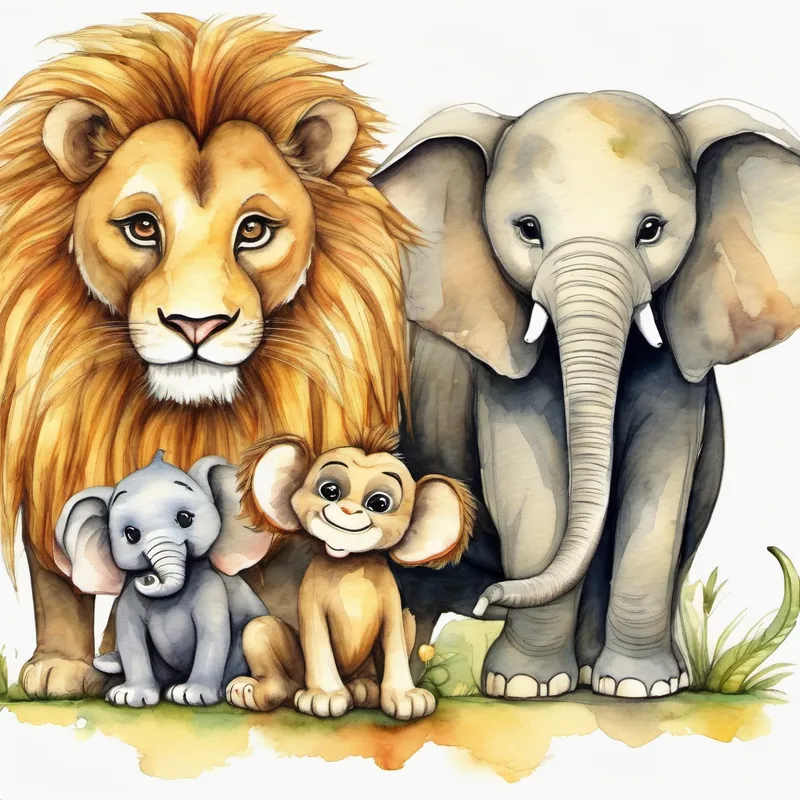 Friendly lion with a golden mane and kind eyes the lion, Cheeky monkey with a mischievous grin and long tail the monkey, and Gentle elephant with a long trunk and big ears the elephant laughing together