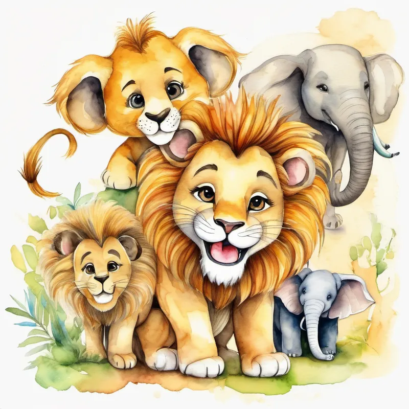 Friendly lion with a golden mane and kind eyes the lion smiling with Cheeky monkey with a mischievous grin and long tail and Gentle elephant with a long trunk and big ears