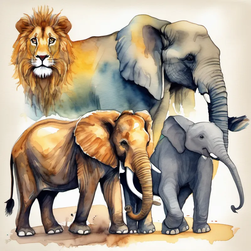 Friendly lion with a golden mane and kind eyes the lion, Cheeky monkey with a mischievous grin and long tail the monkey, and Gentle elephant with a long trunk and big ears the elephant walking side by side