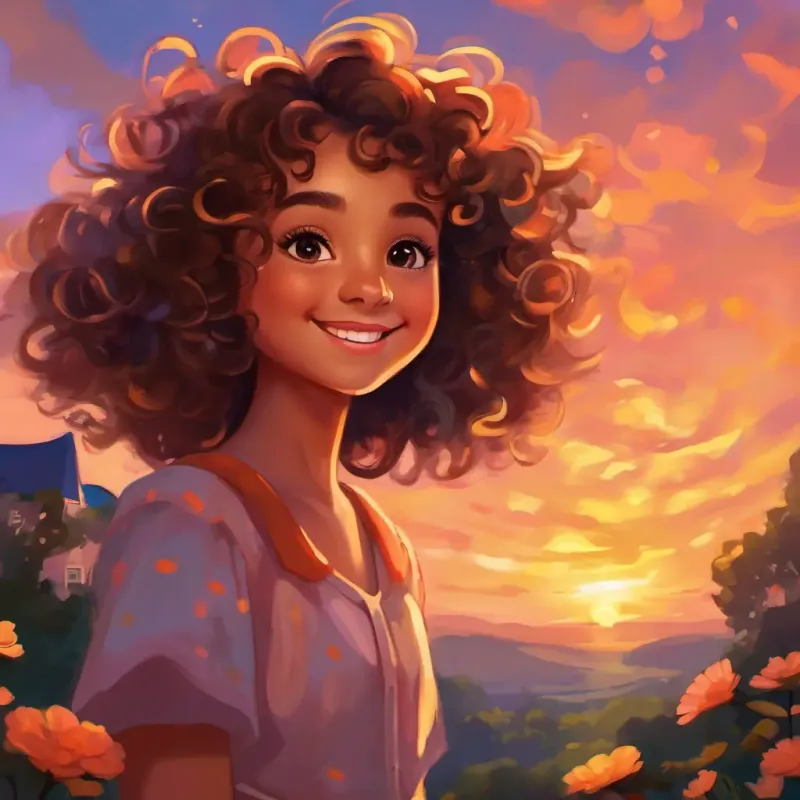 girl Curly hair , cheerful, with big bright eyes and a ready smile gazing at the sunset, with a big smile on her face and a sparkle in her eyes. appreciates the twilight, painting the sky orange and bright, feeling grateful for the day's delightful sights and the celestial ballet that danced and swirled.