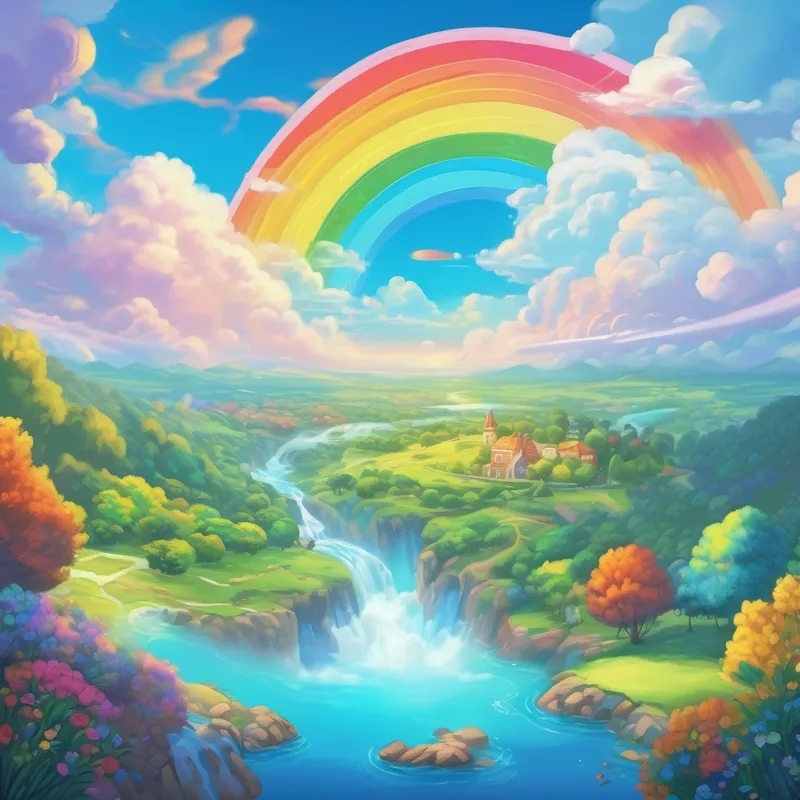 A beautiful rainbow-filled dreamland with fluffy clouds