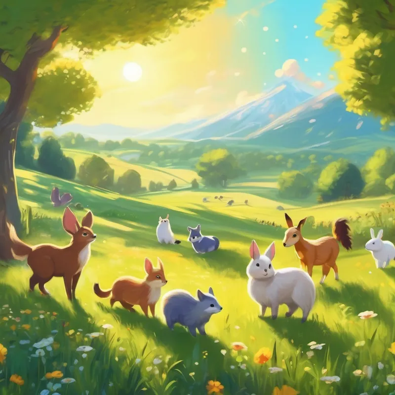 Cute animals playing in a sunny meadow