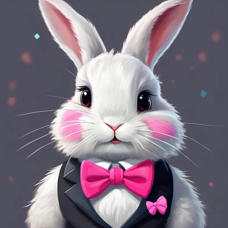 A small fluffy bunny with pink ears and a bowtie