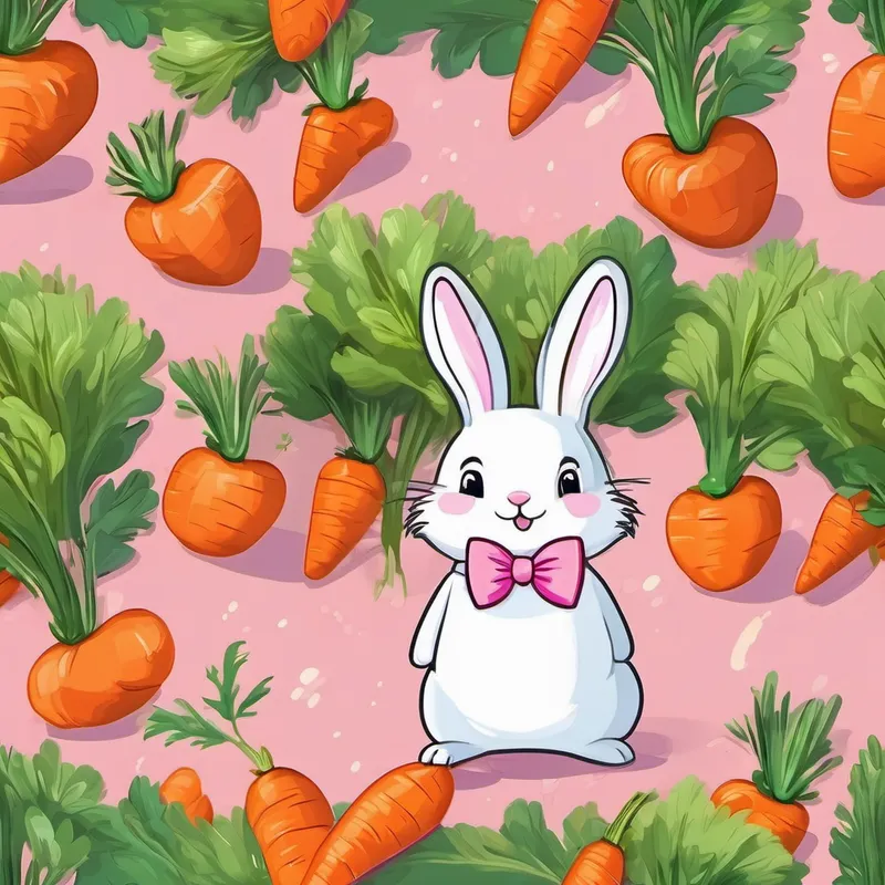 A small fluffy bunny with pink ears and a bowtie. hopping happily with carrots all around