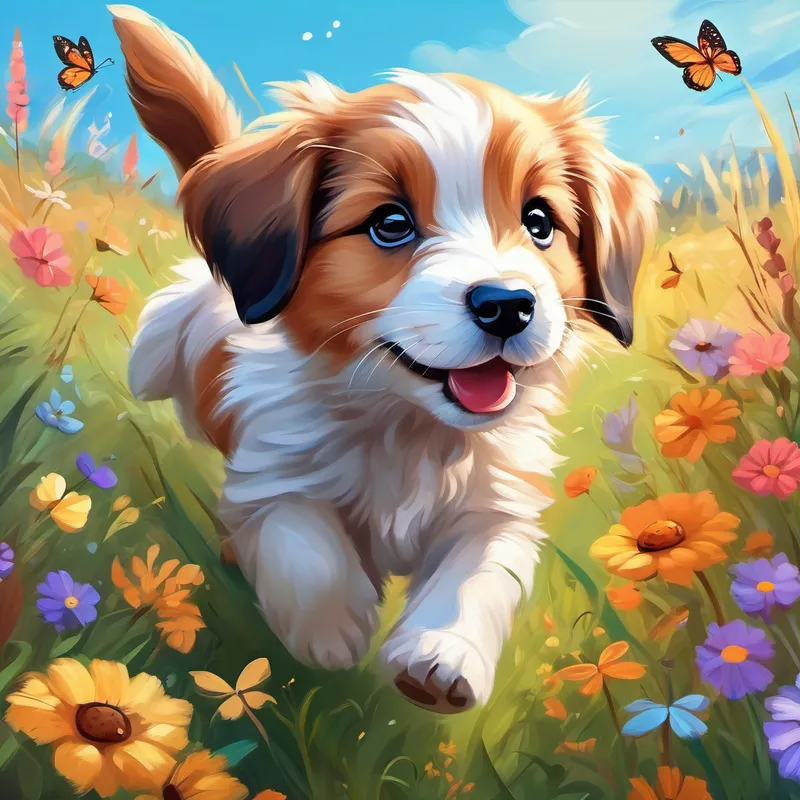 A cute puppy with brown fur and a wagging tail. chasing butterflies in a colorful meadow