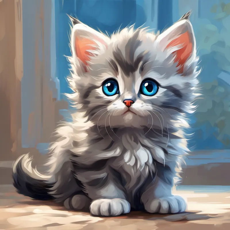 A small kitten with grey fur and blue eyes