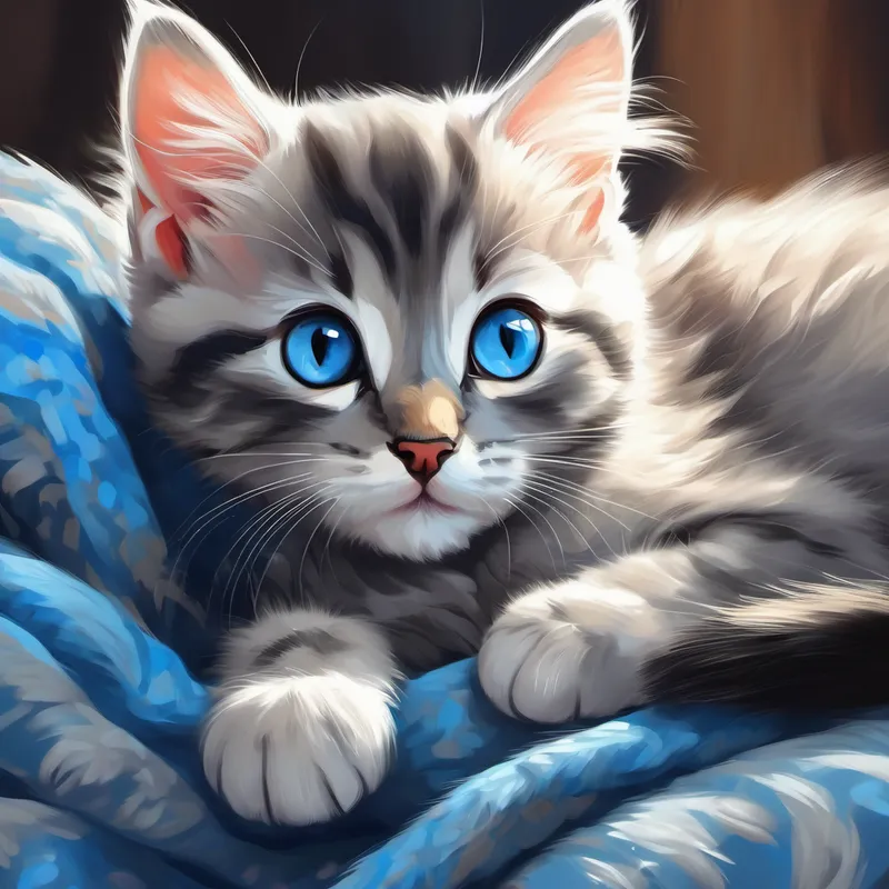 A small kitten with grey fur and blue eyes. cuddling and purring on a cozy blanket