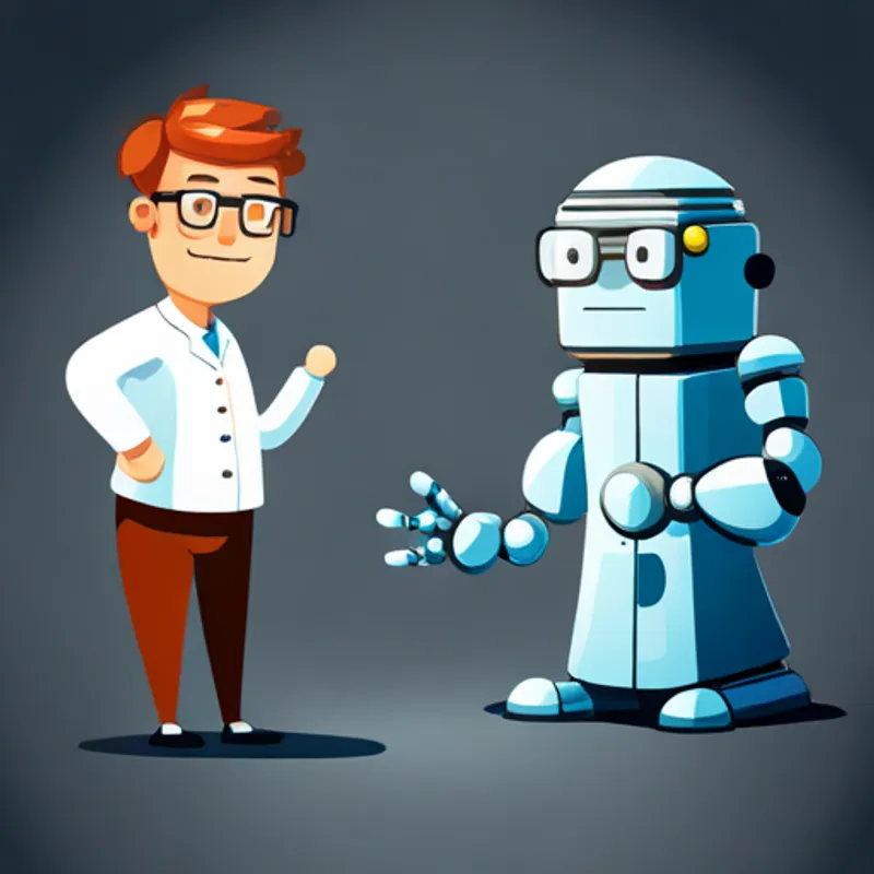 Friends learn Robot with blue circuits and a friendly smile. was created by Elderly scientist with a lab coat and glasses.