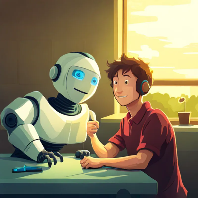 Friends fix Robot with blue circuits and a friendly smile. and he becomes helpful to Technoville