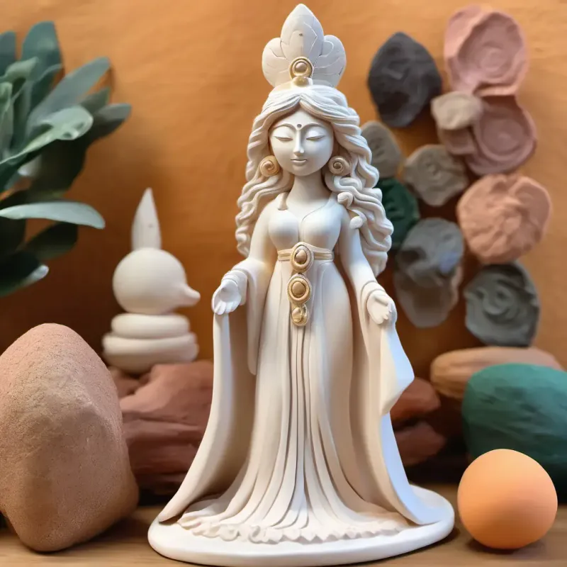 Encounter with Goddess with serene expression, flowing robes, celestial aura and learning creativity mantra.