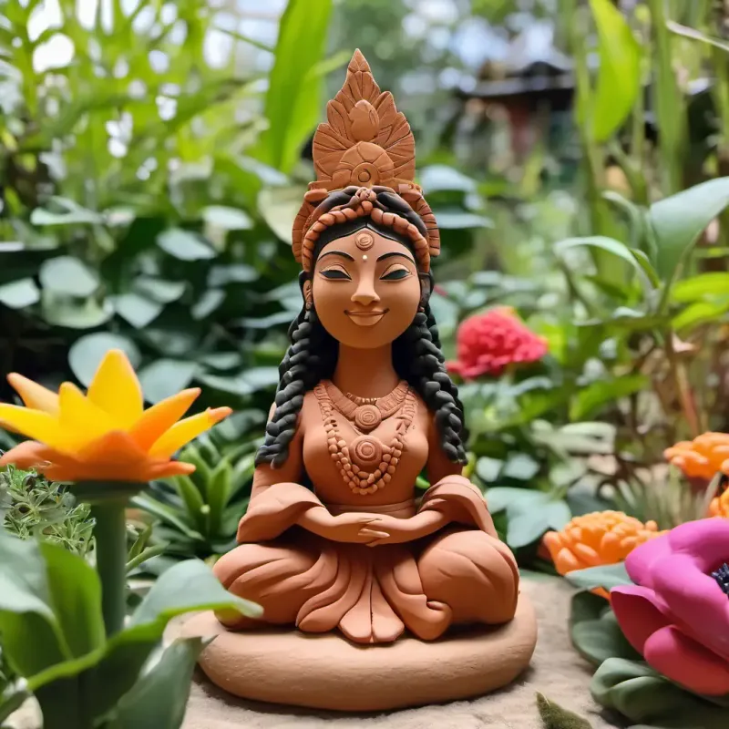 Meeting Goddess with warm smile, radiant skin, compassionate gaze in a garden, learning prosperity mantra.