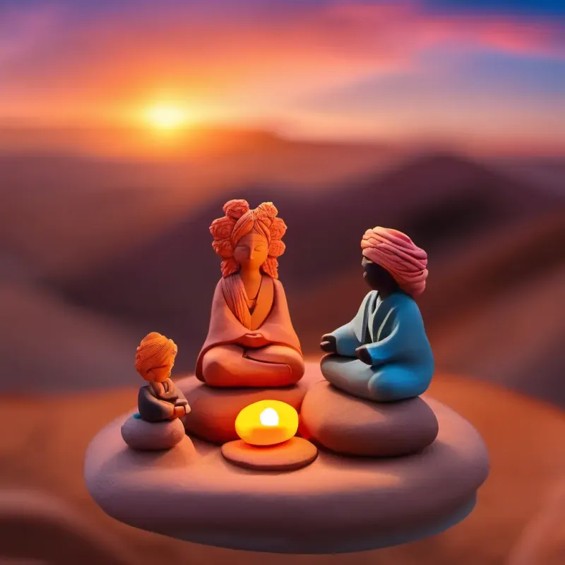 Sunset meeting with God with tranquil demeanor, ascetic clothes, aura of serenity, learning calm and balance mantra.
