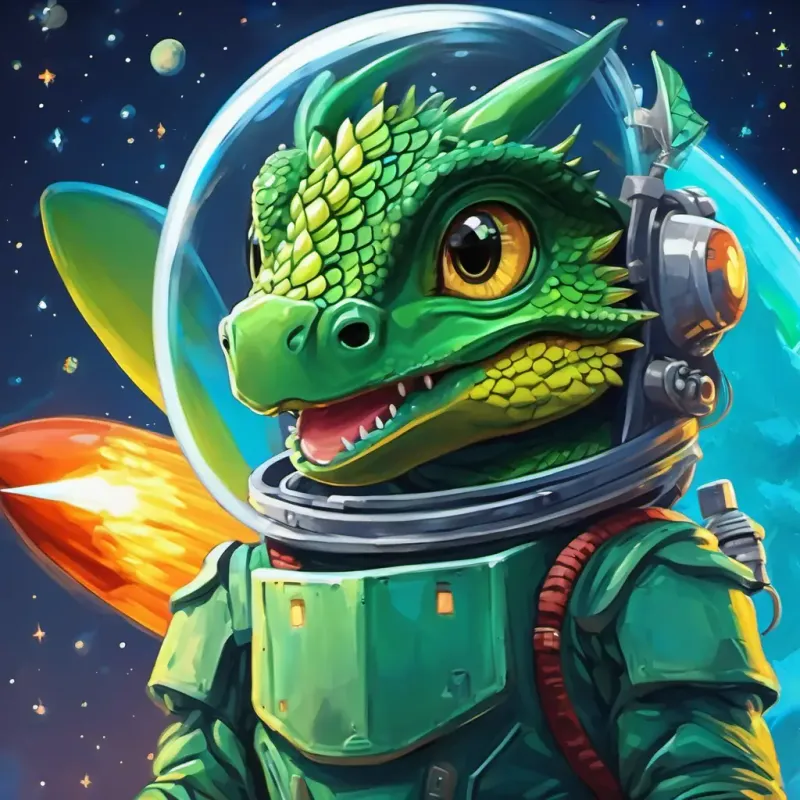 Green dragon with big blue eyes is wearing a tiny astronaut helmet and standing near a rocket ship.