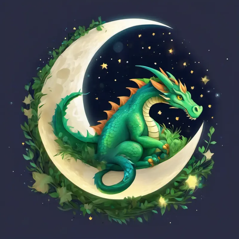 Green dragon with big blue eyes is sitting on a round moon, surrounded by stars.