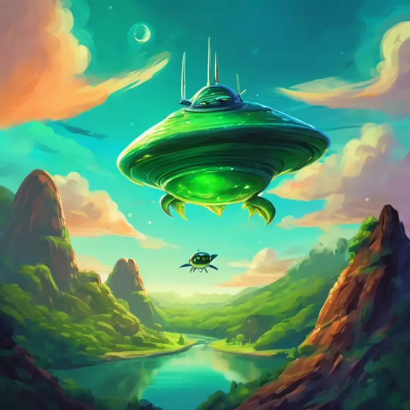 Green dragon with big blue eyes is looking scared as an alien spaceship flies past.