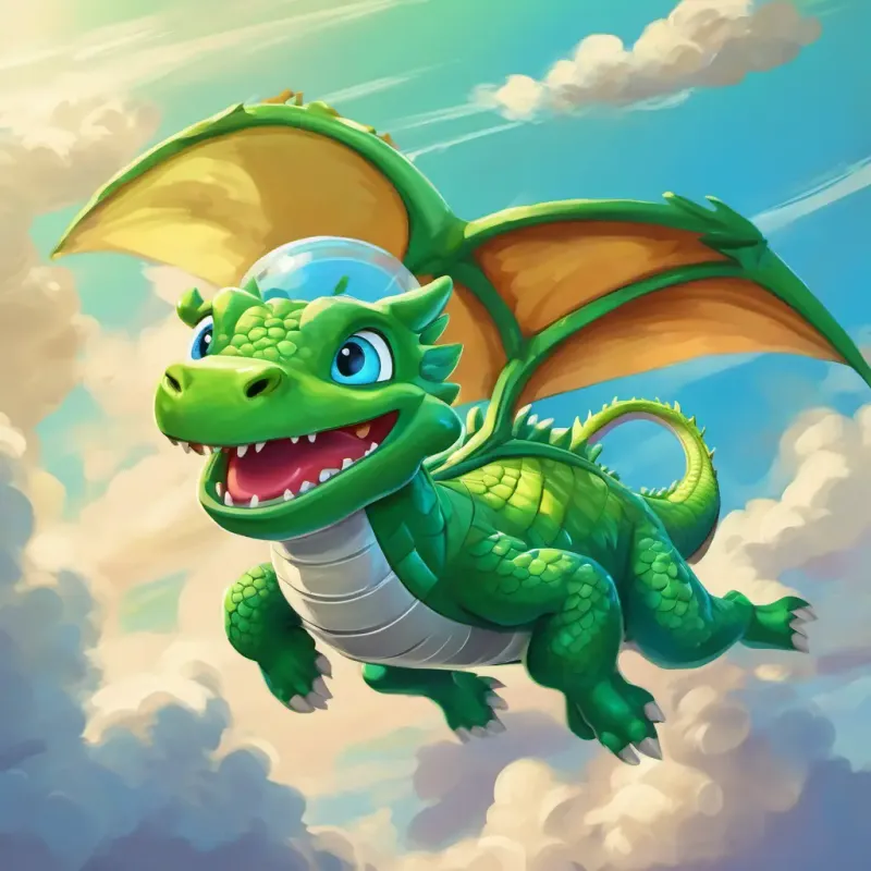 Green dragon with big blue eyes is flying fast after the spaceship with a friendly smile.