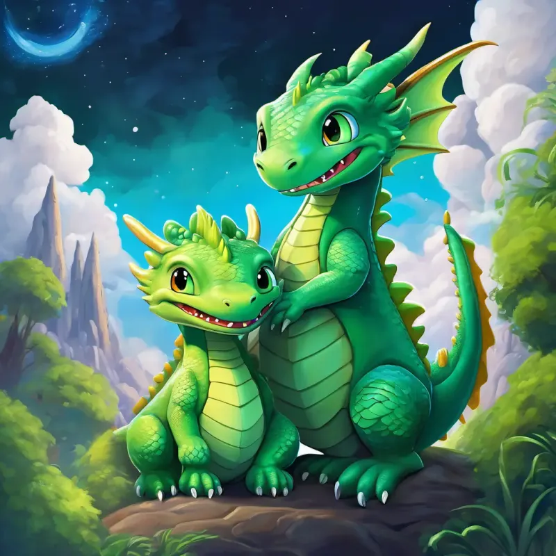 Green dragon with big blue eyes and the aliens are hugging and laughing together.