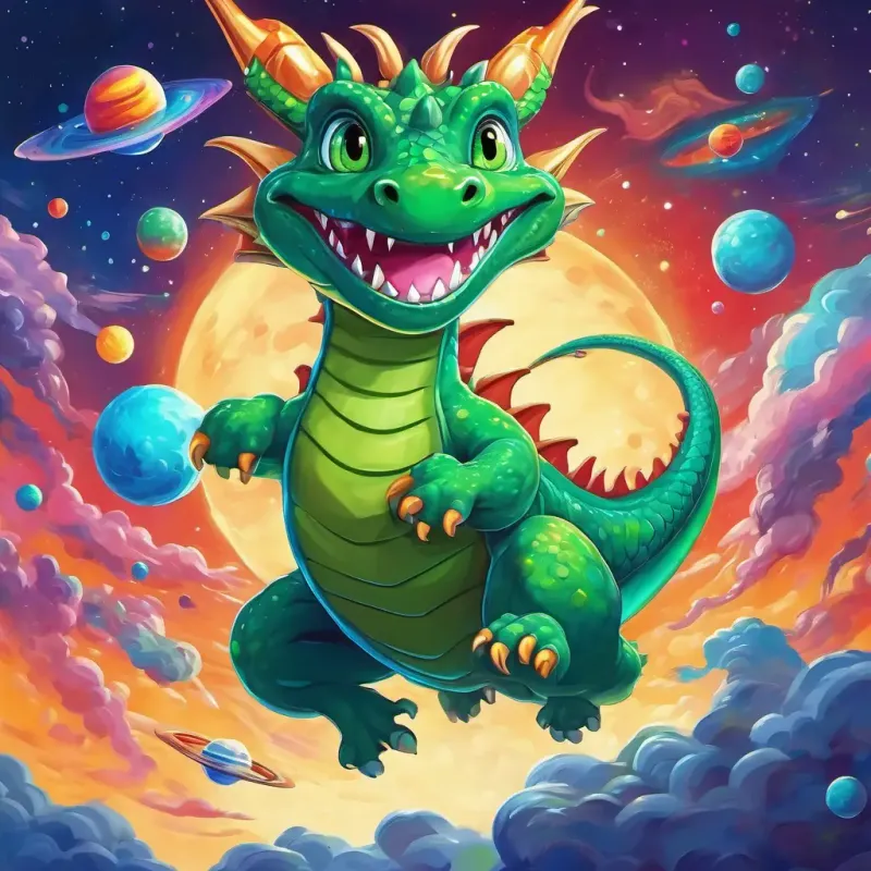 Green dragon with big blue eyes and the aliens are jumping on colorful planets with big smiles.