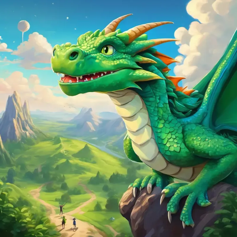 Green dragon with big blue eyes is waving goodbye to the aliens and flying back to Earth.