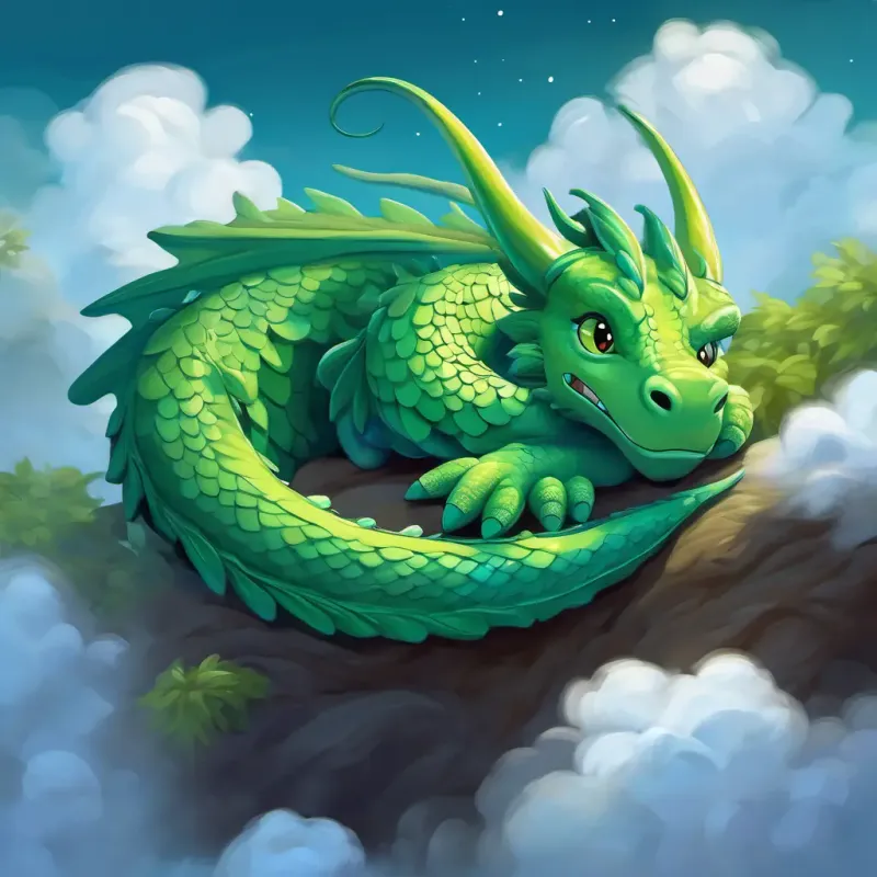 Green dragon with big blue eyes is curled up comfortably on a fluffy cloud, sleeping peacefully.