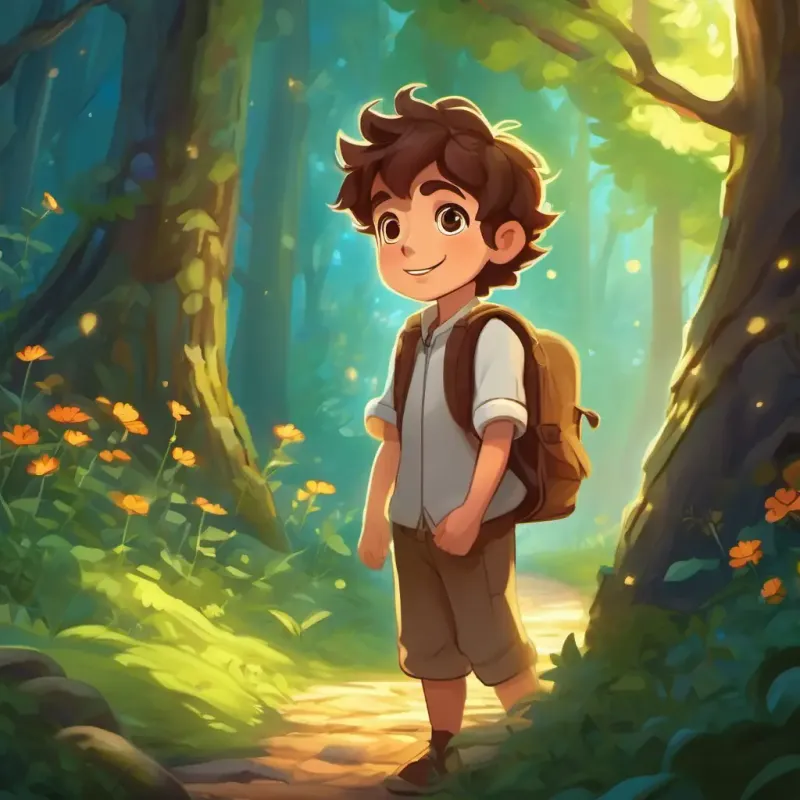 Introduction to the story, featuring Energetic and curious boy with brown hair, sparkling brown eyes and his adventurous spirit, and the setting of the enchanted forest.