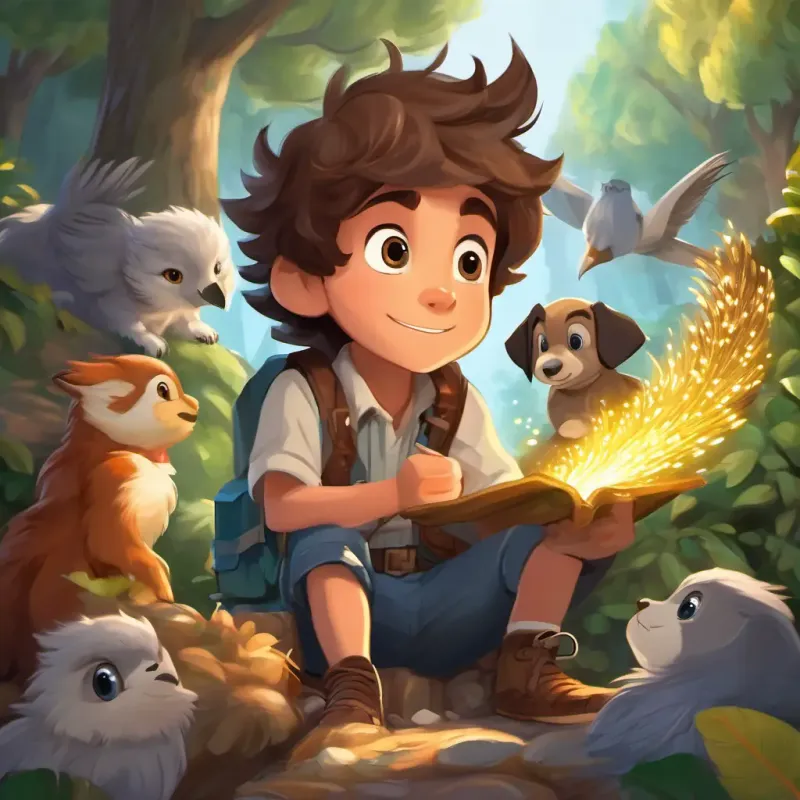 Energetic and curious boy with brown hair, sparkling brown eyes and friends meet the Wise, with fluffy grey feathers and big, bright eyes who shares a clue about the treasure's location, adding to the excitement of the adventure.