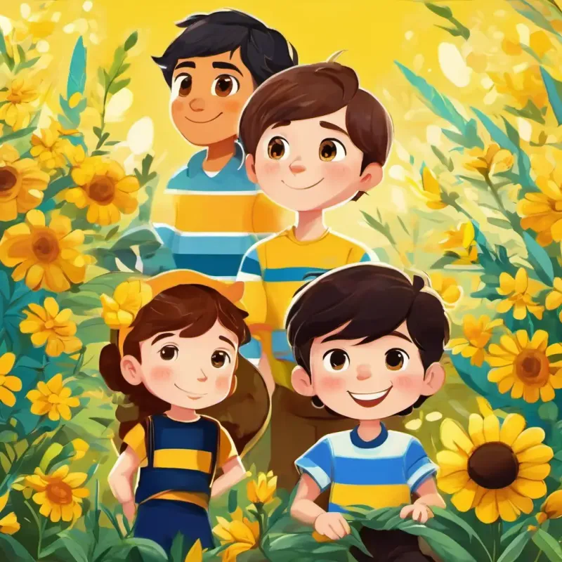 Energetic and curious boy with brown hair, sparkling brown eyes and friends learn about teamwork and cooperation from the Hardworking, with yellow and black stripes, buzzing around colorful flowers, emphasizing the value of working together.