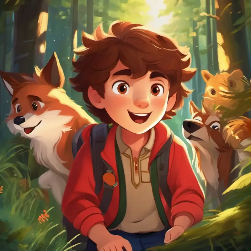 Energetic and curious boy with brown hair, sparkling brown eyes and friends encounter the Sly and cunning, with red fur and clever, knowing eyes, who teaches them about tracking and finding their way in the forest.
