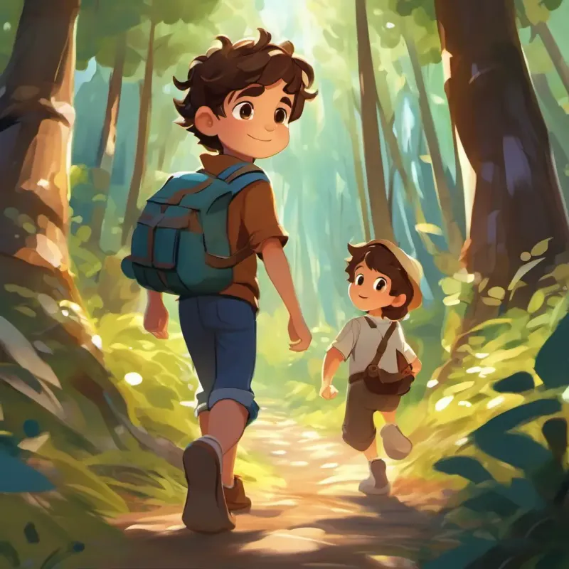 Energetic and curious boy with brown hair, sparkling brown eyes and friends meet the Graceful and friendly, with white spots and gentle brown eyes, who helps them navigate through the forest and shows them a shortcut to the treasure.