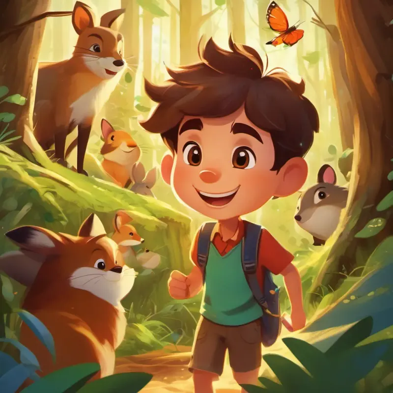 Energetic and curious boy with brown hair, sparkling brown eyes and friends reach the hidden treasure, celebrating their success and reflecting on the lessons they learned from the forest animals.
