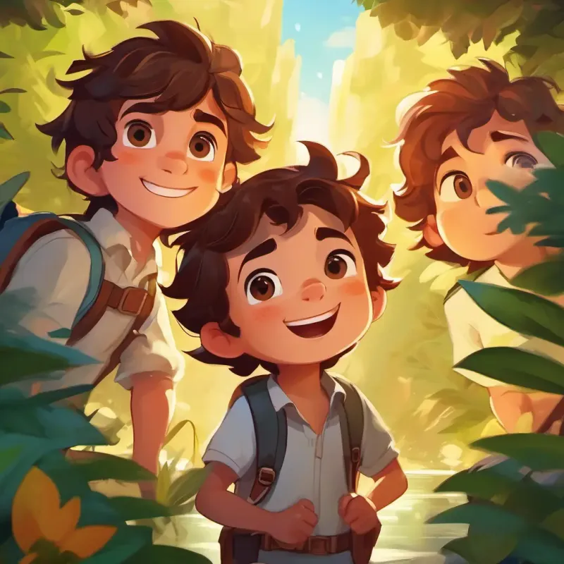 Energetic and curious boy with brown hair, sparkling brown eyes and friends reflect on their adventure, make a promise to respect nature, and vow to continue their exciting adventures.