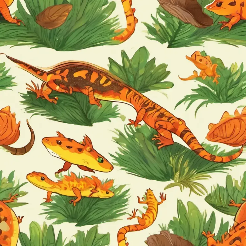 Jungle clearing, Bright orange with yellow stripes, fiery amber eyes, swift and playful the fire salamander, and Mottled brown, quick and slim, mischievous green eyes the common lizard eagerly preparing for their Thanksgiving feast