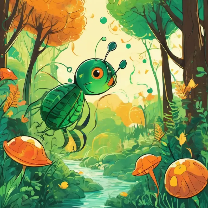 Lush green forest, Bright orange with yellow stripes, fiery amber eyes, swift and playful catching a jellyfish with whooshing and plopping, Mottled brown, quick and slim, mischievous green eyes grabbing a beetle with zipping and zapping