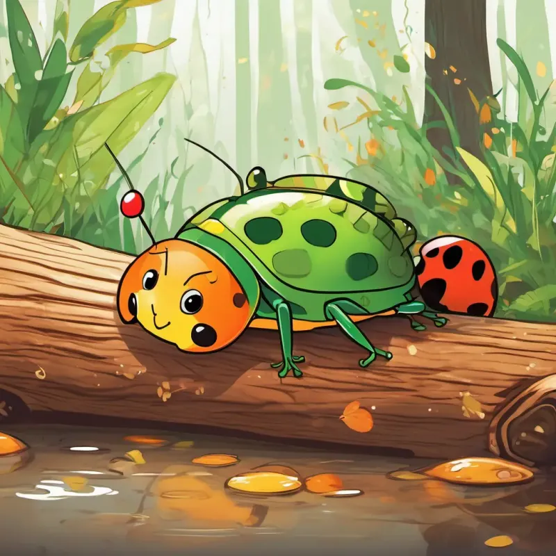 Underneath a log, Bright orange with yellow stripes, fiery amber eyes, swift and playful slurping a worm with squirming, Mottled brown, quick and slim, mischievous green eyes lapping up a ladybug with splashing and popping