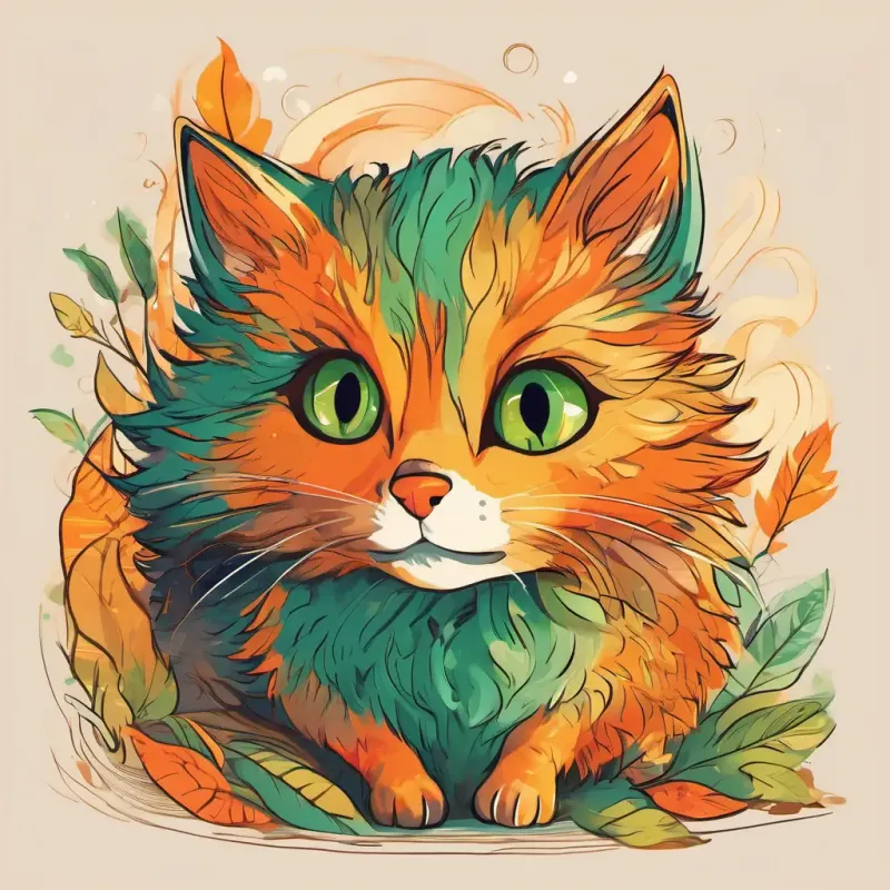 Dusk settling, Bright orange with yellow stripes, fiery amber eyes, swift and playful and Mottled brown, quick and slim, mischievous green eyes happily feasting with full tummies, then curling up for a cozy sleep