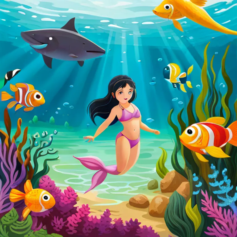 Lila swims with colorful fish and beautiful mermaids